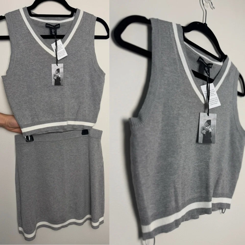 Sincerly Jules Versatil Grey Top & Skirt Set White Accents NWT - Picture 2 of 9
